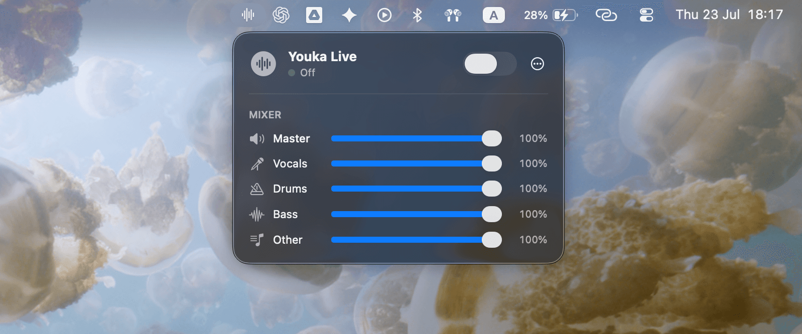The Youka Live waveform icon in the macOS menu bar with the mixer open
