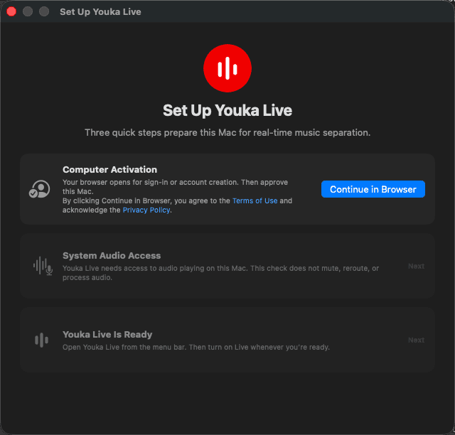 Youka Live 设置窗口，其中包含电脑激活、系统音频访问和 Open Youka Live 步骤