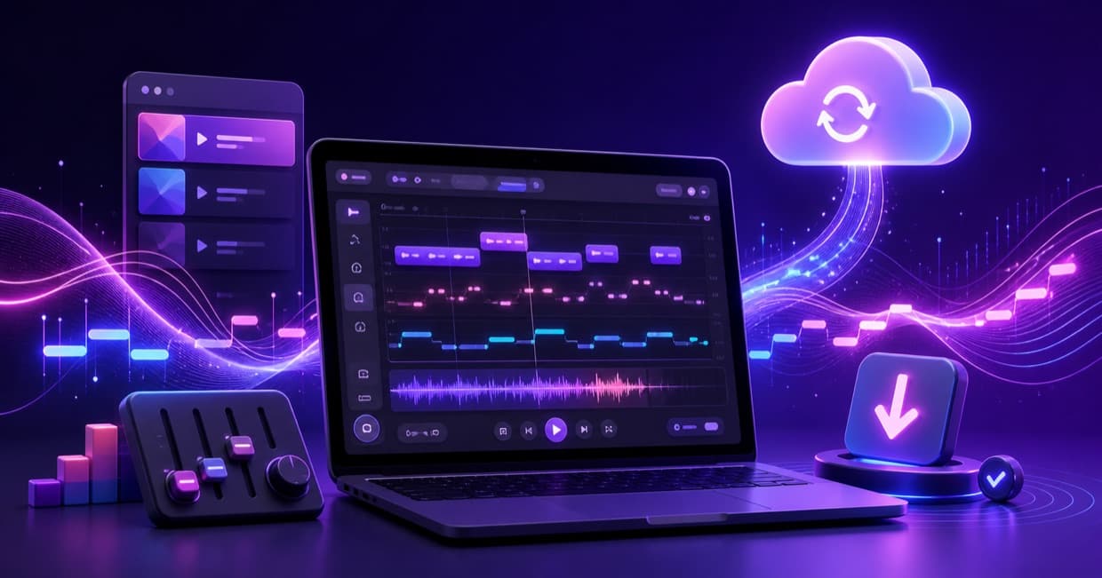 Original Youka illustration of a desktop karaoke workflow with cloud backup and local download
