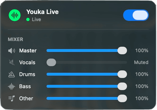 Youka Live menu-bar app with controls for vocals, drums, bass, and other instruments