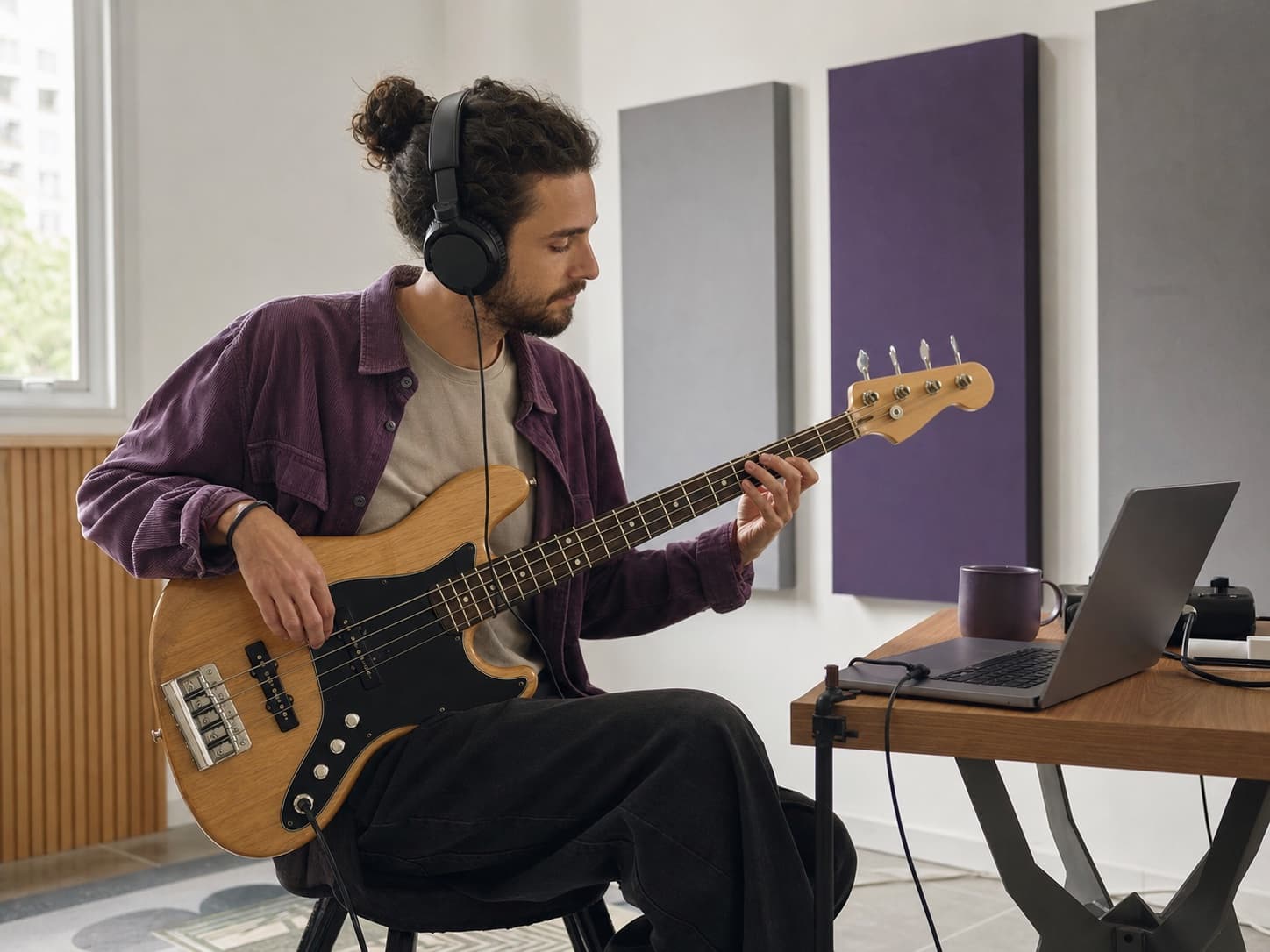 Musician practicing bass with wired studio headphones and a laptop