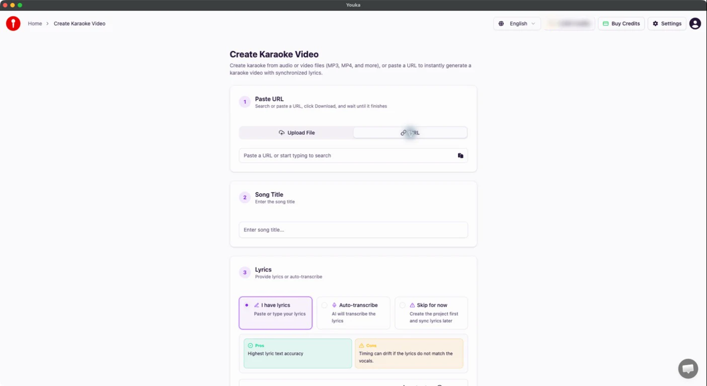 Modulo di creazione di Youka Desktop con l’opzione URL selezionata e nessun contenuto multimediale inserito