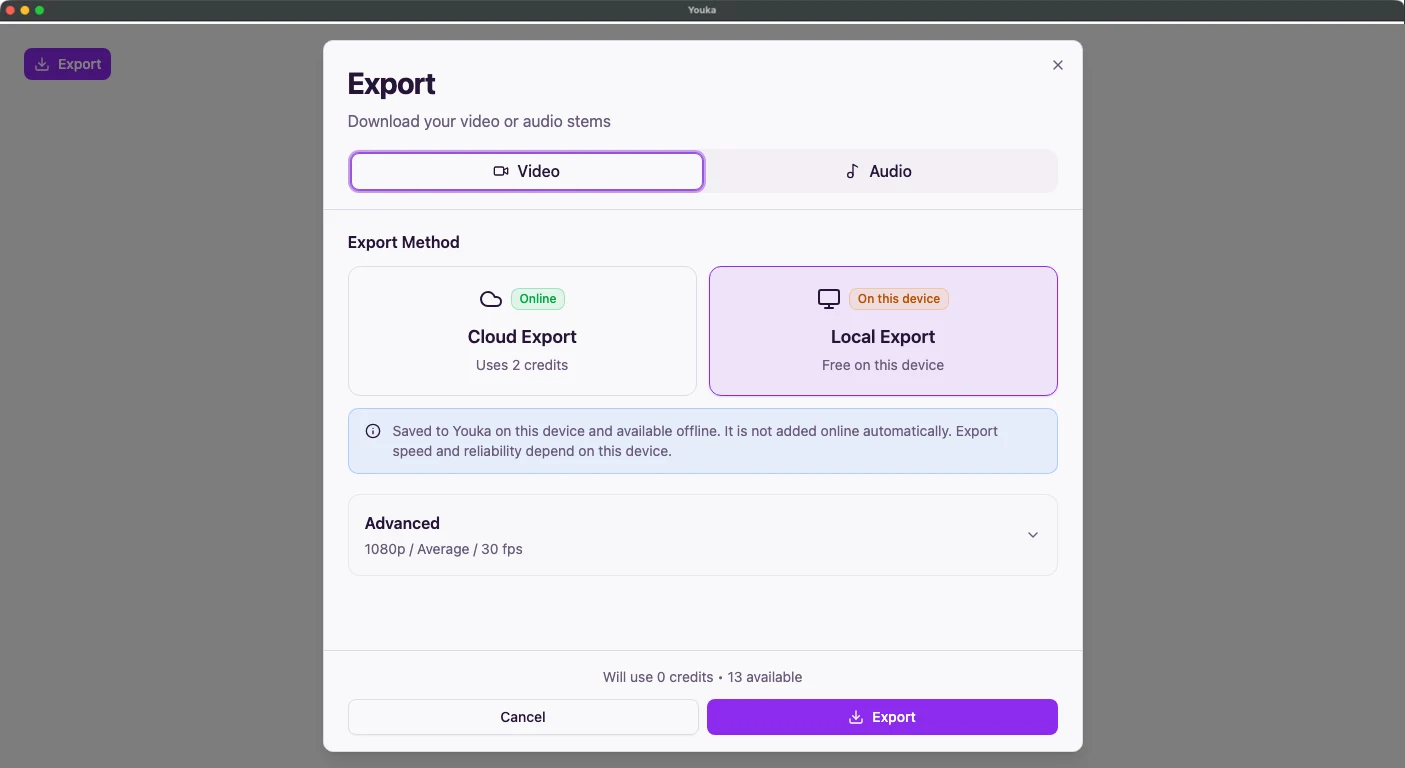 Finestra di dialogo di esportazione di Youka Desktop con Esportazione locale selezionata