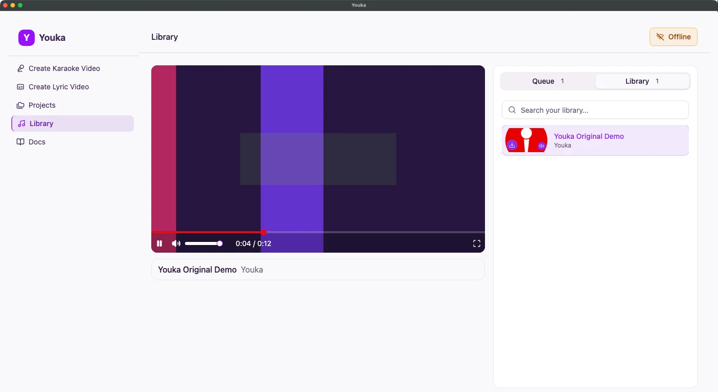 Libreria di Youka Desktop con l’azione Rendi disponibile offline visibile e nessun contenuto multimediale mostrato
