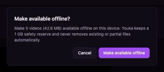 Youka confirmation dialog showing how many finished karaoke videos will be saved offline
