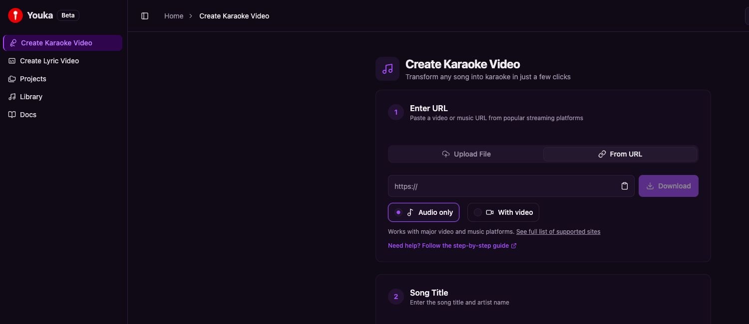 Youka Online 突出显示 Create Karaoke Video,并已选择 From URL