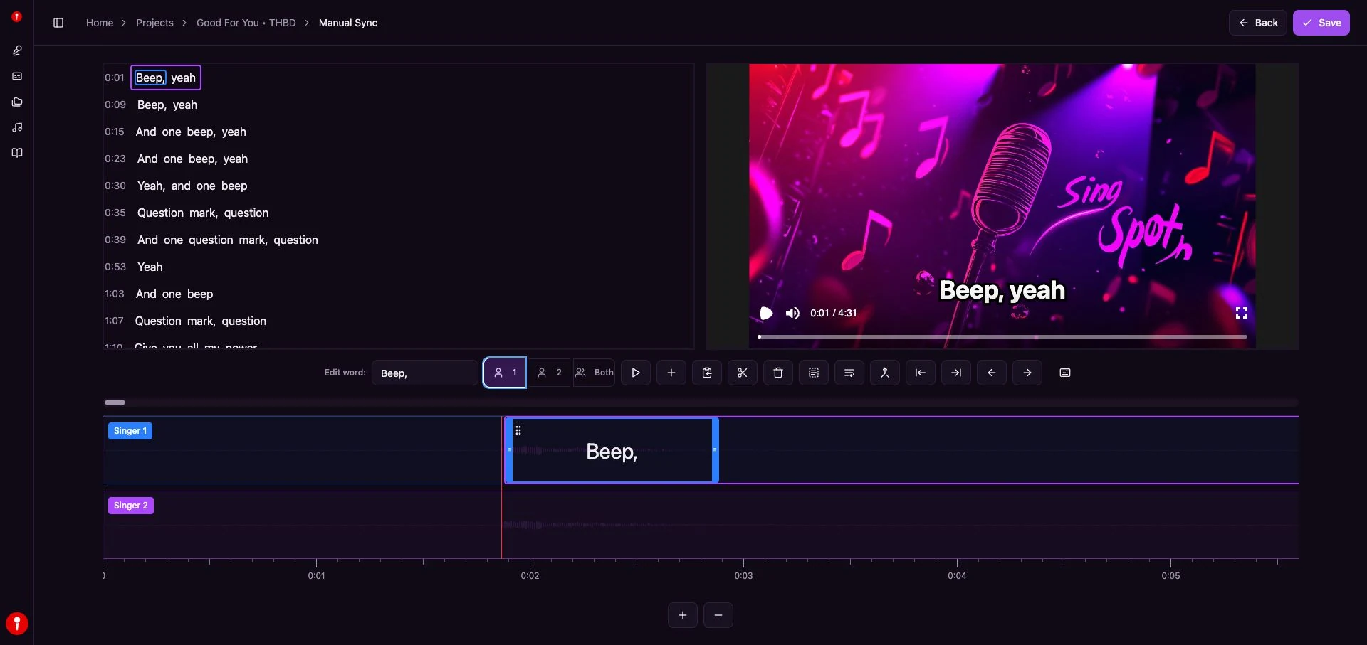 Youka Manual Sync editor with word and lyric timing controls
